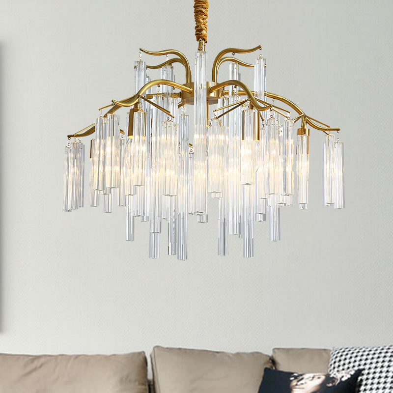 Gold Curved Arm Chandelier Light Postmodern 7 Heads Tri-Sided Crystal Rod Hanging Light Fixture Gold Clearhalo 'Ceiling Lights' 'Chandeliers' 'Modern Chandeliers' 'Modern' Lighting' 256277