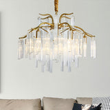 Gold Curved Arm Chandelier Light Postmodern 7 Heads Tri-Sided Crystal Rod Hanging Light Fixture Gold Clearhalo 'Ceiling Lights' 'Chandeliers' 'Modern Chandeliers' 'Modern' Lighting' 256277