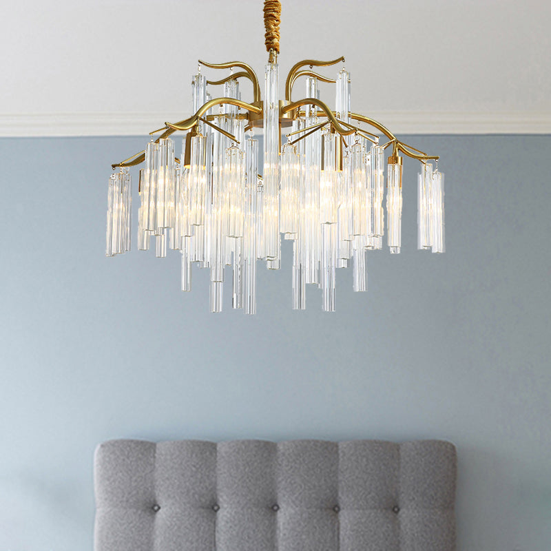 Gold Curved Arm Chandelier Light Postmodern 7 Heads Tri-Sided Crystal Rod Hanging Light Fixture Clearhalo 'Ceiling Lights' 'Chandeliers' 'Modern Chandeliers' 'Modern' Lighting' 256278