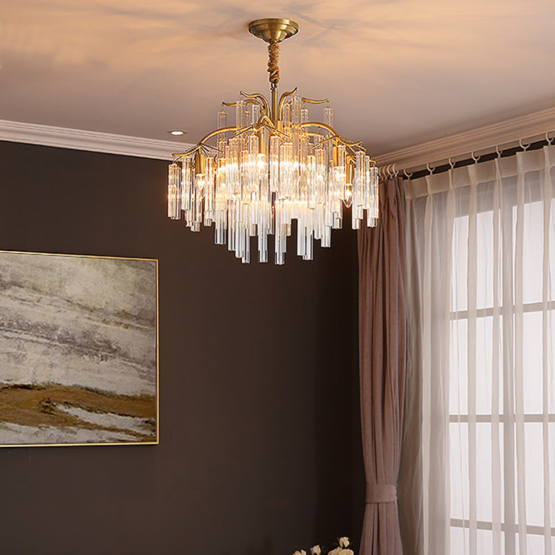 Gold Curved Arm Chandelier Light Postmodern 7 Heads Tri-Sided Crystal Rod Hanging Light Fixture Clearhalo 'Ceiling Lights' 'Chandeliers' 'Modern Chandeliers' 'Modern' Lighting' 256279