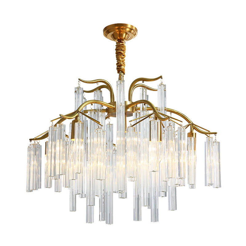 Gold Curved Arm Chandelier Light Postmodern 7 Heads Tri-Sided Crystal Rod Hanging Light Fixture Clearhalo 'Ceiling Lights' 'Chandeliers' 'Modern Chandeliers' 'Modern' Lighting' 256280