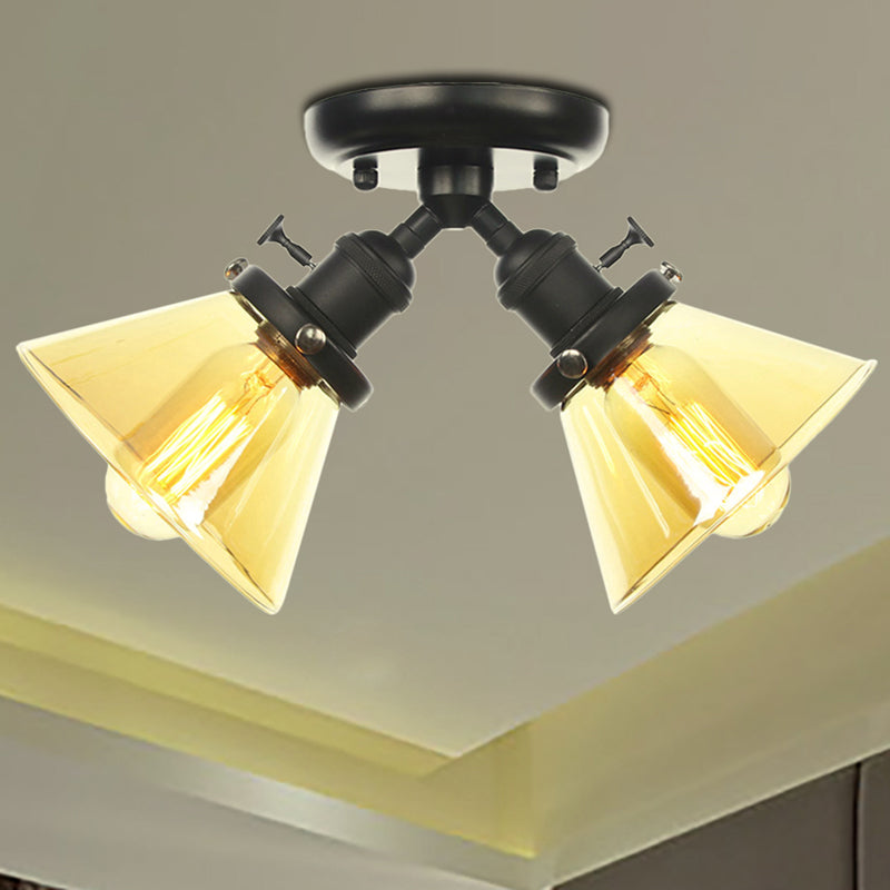 2 Heads Restaurant Ceiling Light Fixture Vintage Style Black/Bronze Semi Flush Mount Light with Conic Amber/Clear Glass Shade Clearhalo 'Ceiling Lights' 'Chandeliers' 'Close To Ceiling Lights' 'Close to ceiling' 'Glass shade' 'Glass' 'Semi-flushmount' Lighting' 256283