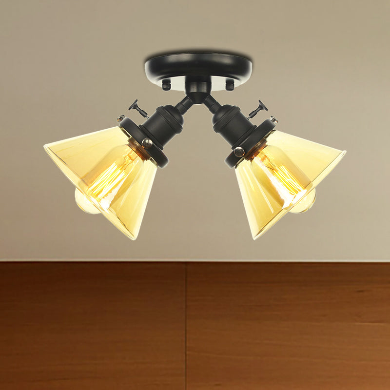 2 Heads Restaurant Ceiling Light Fixture Vintage Style Black/Bronze Semi Flush Mount Light with Conic Amber/Clear Glass Shade Black Amber Clearhalo 'Ceiling Lights' 'Chandeliers' 'Close To Ceiling Lights' 'Close to ceiling' 'Glass shade' 'Glass' 'Semi-flushmount' Lighting' 256284