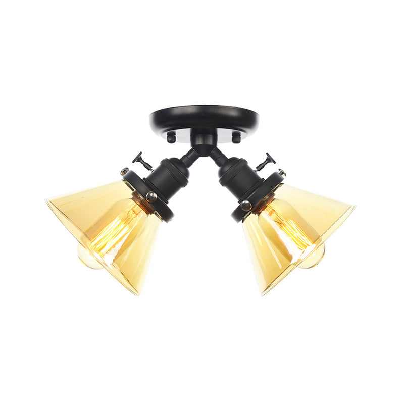 2 Heads Restaurant Ceiling Light Fixture Vintage Style Black/Bronze Semi Flush Mount Light with Conic Amber/Clear Glass Shade Clearhalo 'Ceiling Lights' 'Chandeliers' 'Close To Ceiling Lights' 'Close to ceiling' 'Glass shade' 'Glass' 'Semi-flushmount' Lighting' 256285