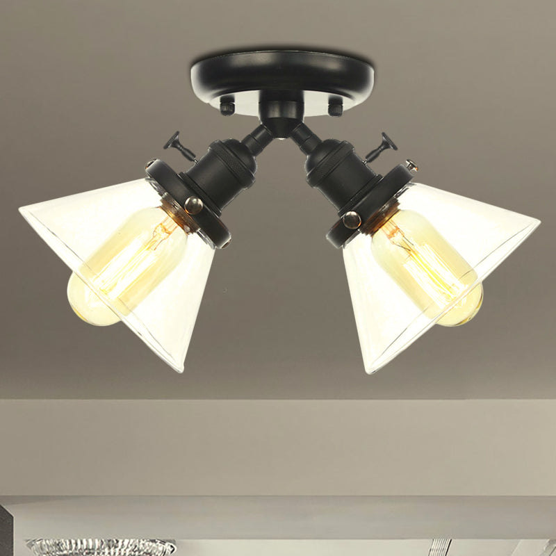 2 Heads Restaurant Ceiling Light Fixture Vintage Style Black/Bronze Semi Flush Mount Light with Conic Amber/Clear Glass Shade Black Clear Clearhalo 'Ceiling Lights' 'Chandeliers' 'Close To Ceiling Lights' 'Close to ceiling' 'Glass shade' 'Glass' 'Semi-flushmount' Lighting' 256286