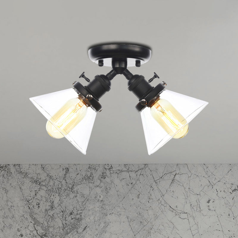 2 Heads Restaurant Ceiling Light Fixture Vintage Style Black/Bronze Semi Flush Mount Light with Conic Amber/Clear Glass Shade Clearhalo 'Ceiling Lights' 'Chandeliers' 'Close To Ceiling Lights' 'Close to ceiling' 'Glass shade' 'Glass' 'Semi-flushmount' Lighting' 256287