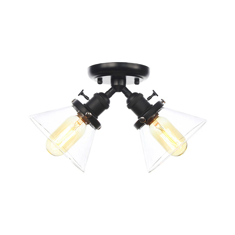 2 Heads Restaurant Ceiling Light Fixture Vintage Style Black/Bronze Semi Flush Mount Light with Conic Amber/Clear Glass Shade Clearhalo 'Ceiling Lights' 'Chandeliers' 'Close To Ceiling Lights' 'Close to ceiling' 'Glass shade' 'Glass' 'Semi-flushmount' Lighting' 256288