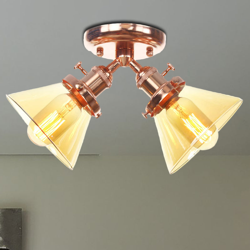 2 Heads Restaurant Ceiling Light Fixture Vintage Style Black/Bronze Semi Flush Mount Light with Conic Amber/Clear Glass Shade Rose Gold Amber Clearhalo 'Ceiling Lights' 'Chandeliers' 'Close To Ceiling Lights' 'Close to ceiling' 'Glass shade' 'Glass' 'Semi-flushmount' Lighting' 256289