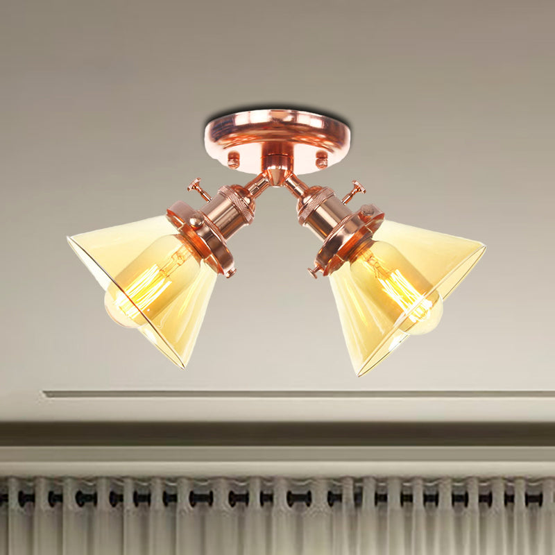 2 Heads Restaurant Ceiling Light Fixture Vintage Style Black/Bronze Semi Flush Mount Light with Conic Amber/Clear Glass Shade Clearhalo 'Ceiling Lights' 'Chandeliers' 'Close To Ceiling Lights' 'Close to ceiling' 'Glass shade' 'Glass' 'Semi-flushmount' Lighting' 256290