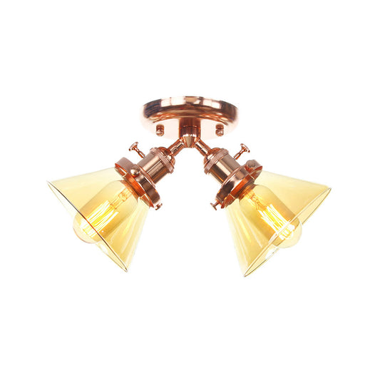 2 Heads Restaurant Ceiling Light Fixture Vintage Style Black/Bronze Semi Flush Mount Light with Conic Amber/Clear Glass Shade Clearhalo 'Ceiling Lights' 'Chandeliers' 'Close To Ceiling Lights' 'Close to ceiling' 'Glass shade' 'Glass' 'Semi-flushmount' Lighting' 256291