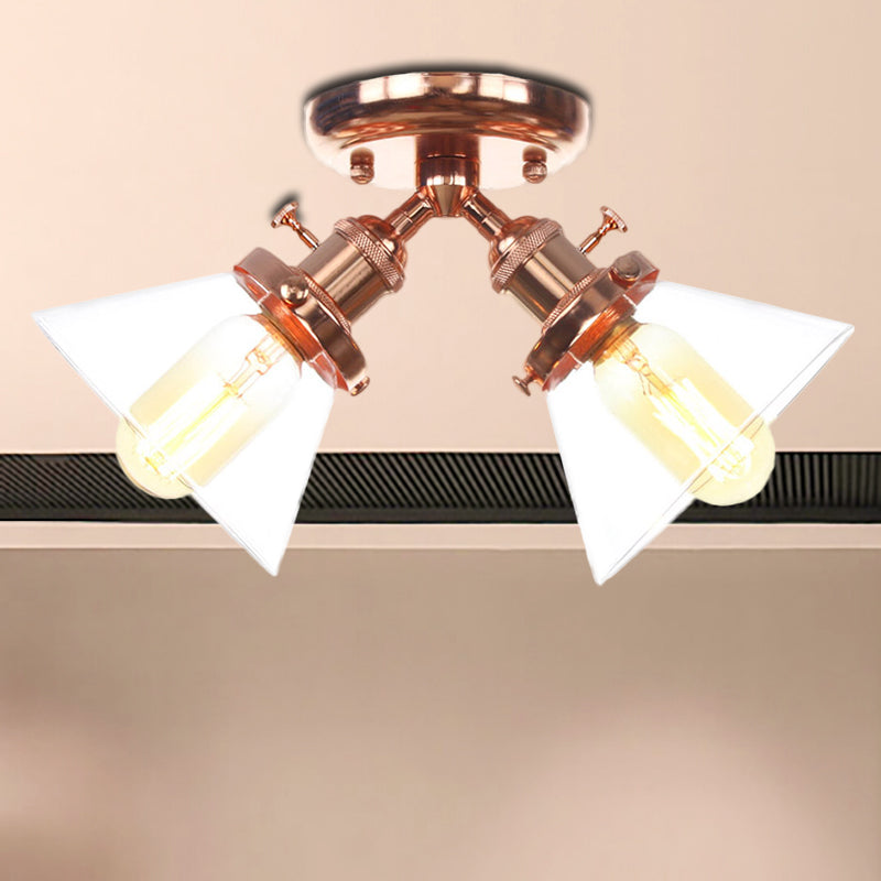 2 Heads Restaurant Ceiling Light Fixture Vintage Style Black/Bronze Semi Flush Mount Light with Conic Amber/Clear Glass Shade Rose Gold Clear Clearhalo 'Ceiling Lights' 'Chandeliers' 'Close To Ceiling Lights' 'Close to ceiling' 'Glass shade' 'Glass' 'Semi-flushmount' Lighting' 256292
