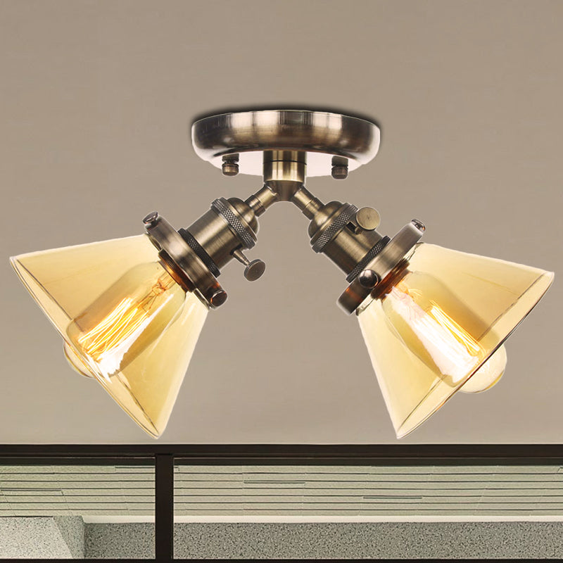 2 Heads Restaurant Ceiling Light Fixture Vintage Style Black/Bronze Semi Flush Mount Light with Conic Amber/Clear Glass Shade Bronze Amber Clearhalo 'Ceiling Lights' 'Chandeliers' 'Close To Ceiling Lights' 'Close to ceiling' 'Glass shade' 'Glass' 'Semi-flushmount' Lighting' 256295
