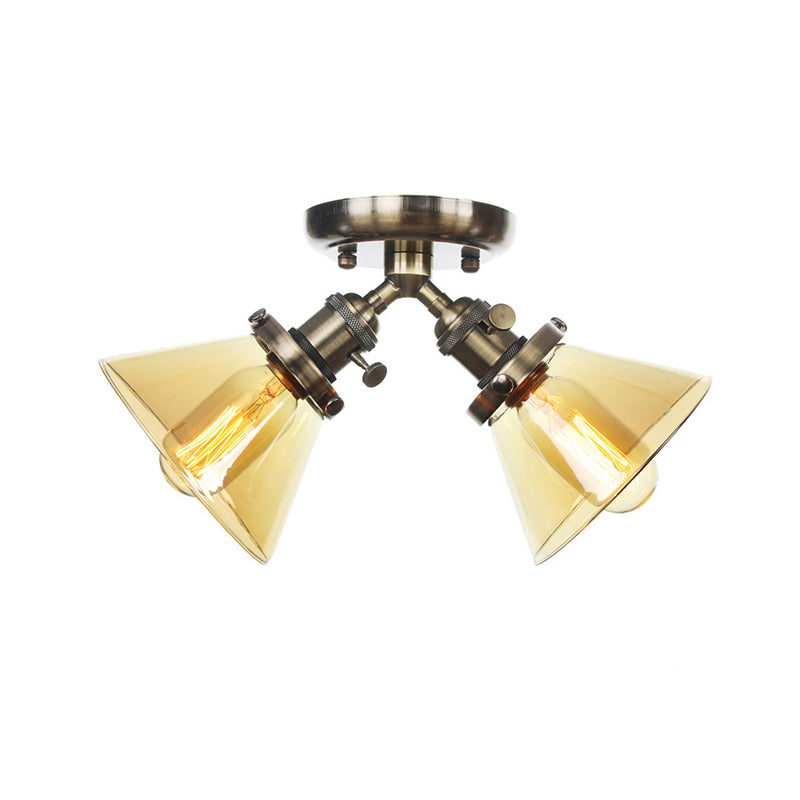2 Heads Restaurant Ceiling Light Fixture Vintage Style Black/Bronze Semi Flush Mount Light with Conic Amber/Clear Glass Shade Clearhalo 'Ceiling Lights' 'Chandeliers' 'Close To Ceiling Lights' 'Close to ceiling' 'Glass shade' 'Glass' 'Semi-flushmount' Lighting' 256297