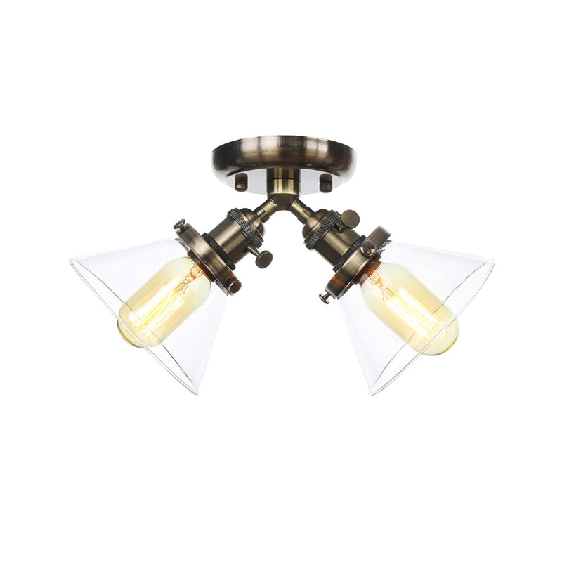 2 Heads Restaurant Ceiling Light Fixture Vintage Style Black/Bronze Semi Flush Mount Light with Conic Amber/Clear Glass Shade Clearhalo 'Ceiling Lights' 'Chandeliers' 'Close To Ceiling Lights' 'Close to ceiling' 'Glass shade' 'Glass' 'Semi-flushmount' Lighting' 256300