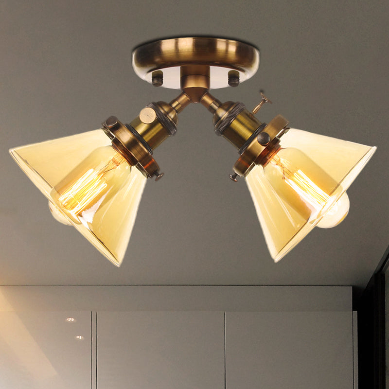 2 Heads Restaurant Ceiling Light Fixture Vintage Style Black/Bronze Semi Flush Mount Light with Conic Amber/Clear Glass Shade Brass Amber Clearhalo 'Ceiling Lights' 'Chandeliers' 'Close To Ceiling Lights' 'Close to ceiling' 'Glass shade' 'Glass' 'Semi-flushmount' Lighting' 256301