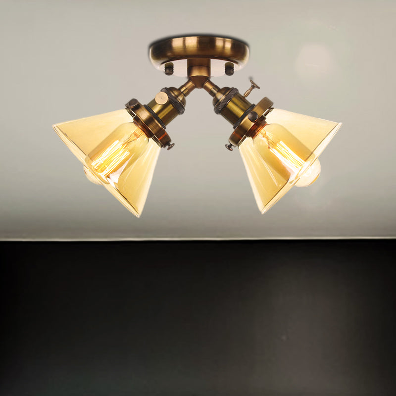 2 Heads Restaurant Ceiling Light Fixture Vintage Style Black/Bronze Semi Flush Mount Light with Conic Amber/Clear Glass Shade Clearhalo 'Ceiling Lights' 'Chandeliers' 'Close To Ceiling Lights' 'Close to ceiling' 'Glass shade' 'Glass' 'Semi-flushmount' Lighting' 256302
