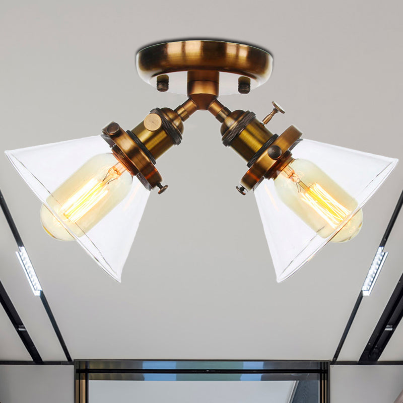 2 Heads Restaurant Ceiling Light Fixture Vintage Style Black/Bronze Semi Flush Mount Light with Conic Amber/Clear Glass Shade Brass Clear Clearhalo 'Ceiling Lights' 'Chandeliers' 'Close To Ceiling Lights' 'Close to ceiling' 'Glass shade' 'Glass' 'Semi-flushmount' Lighting' 256304