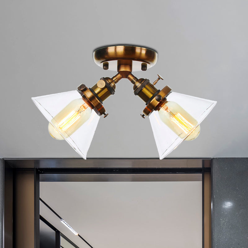 2 Heads Restaurant Ceiling Light Fixture Vintage Style Black/Bronze Semi Flush Mount Light with Conic Amber/Clear Glass Shade Clearhalo 'Ceiling Lights' 'Chandeliers' 'Close To Ceiling Lights' 'Close to ceiling' 'Glass shade' 'Glass' 'Semi-flushmount' Lighting' 256305