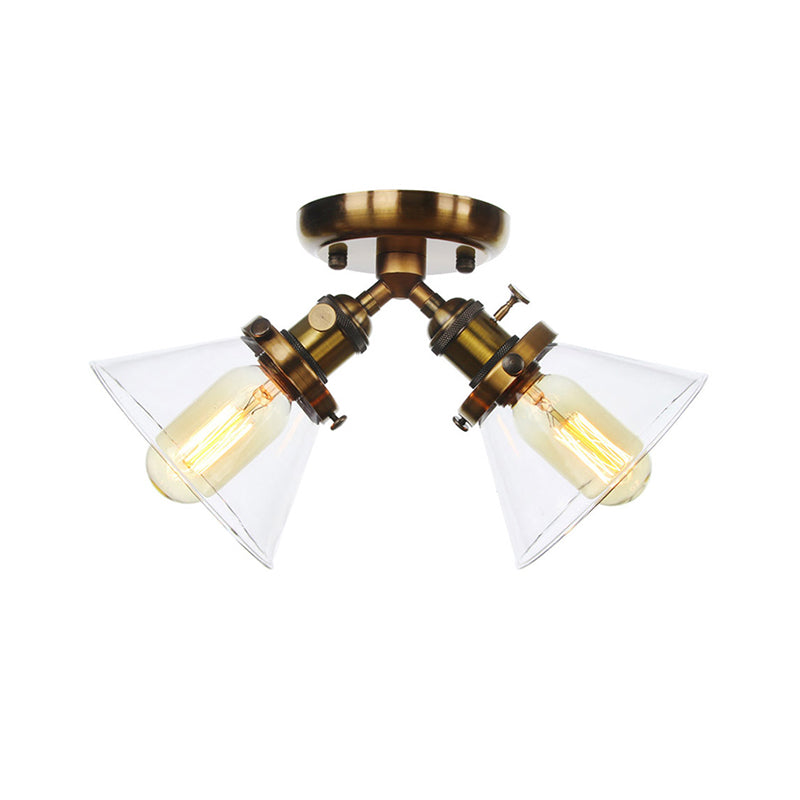 2 Heads Restaurant Ceiling Light Fixture Vintage Style Black/Bronze Semi Flush Mount Light with Conic Amber/Clear Glass Shade Clearhalo 'Ceiling Lights' 'Chandeliers' 'Close To Ceiling Lights' 'Close to ceiling' 'Glass shade' 'Glass' 'Semi-flushmount' Lighting' 256306
