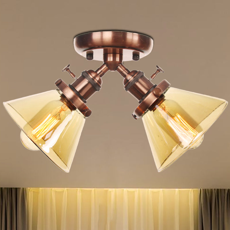 2 Heads Restaurant Ceiling Light Fixture Vintage Style Black/Bronze Semi Flush Mount Light with Conic Amber/Clear Glass Shade Copper Amber Clearhalo 'Ceiling Lights' 'Chandeliers' 'Close To Ceiling Lights' 'Close to ceiling' 'Glass shade' 'Glass' 'Semi-flushmount' Lighting' 256307