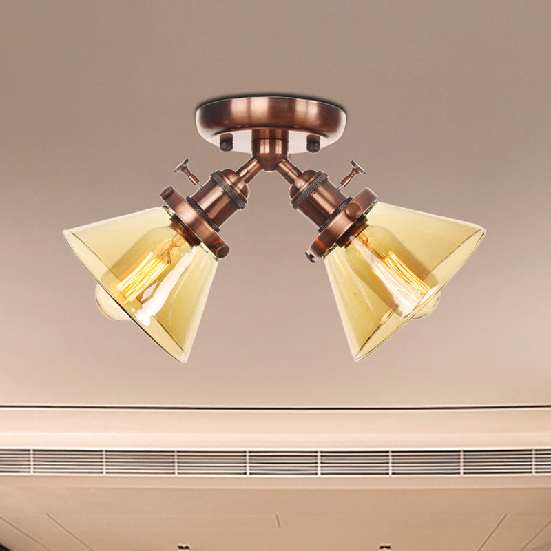 2 Heads Restaurant Ceiling Light Fixture Vintage Style Black/Bronze Semi Flush Mount Light with Conic Amber/Clear Glass Shade Clearhalo 'Ceiling Lights' 'Chandeliers' 'Close To Ceiling Lights' 'Close to ceiling' 'Glass shade' 'Glass' 'Semi-flushmount' Lighting' 256308