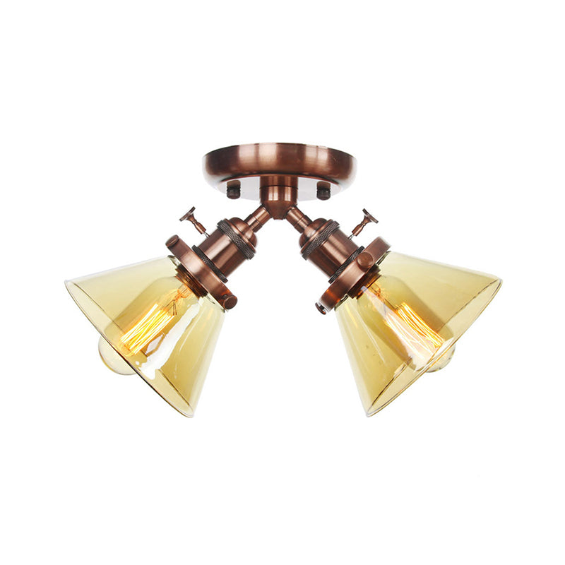 2 Heads Restaurant Ceiling Light Fixture Vintage Style Black/Bronze Semi Flush Mount Light with Conic Amber/Clear Glass Shade Clearhalo 'Ceiling Lights' 'Chandeliers' 'Close To Ceiling Lights' 'Close to ceiling' 'Glass shade' 'Glass' 'Semi-flushmount' Lighting' 256309