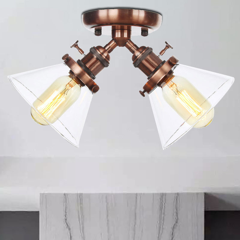 2 Heads Restaurant Ceiling Light Fixture Vintage Style Black/Bronze Semi Flush Mount Light with Conic Amber/Clear Glass Shade Copper Clear Clearhalo 'Ceiling Lights' 'Chandeliers' 'Close To Ceiling Lights' 'Close to ceiling' 'Glass shade' 'Glass' 'Semi-flushmount' Lighting' 256310