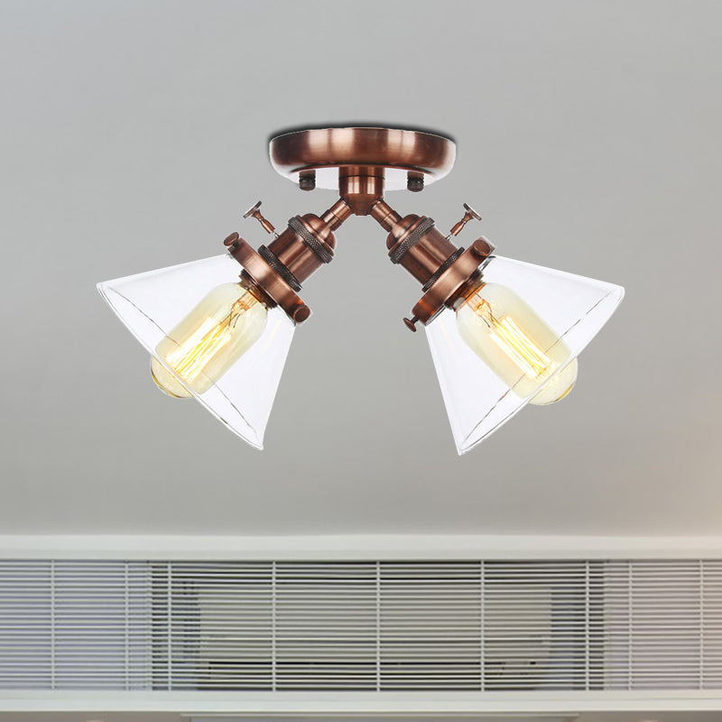2 Heads Restaurant Ceiling Light Fixture Vintage Style Black/Bronze Semi Flush Mount Light with Conic Amber/Clear Glass Shade Clearhalo 'Ceiling Lights' 'Chandeliers' 'Close To Ceiling Lights' 'Close to ceiling' 'Glass shade' 'Glass' 'Semi-flushmount' Lighting' 256311