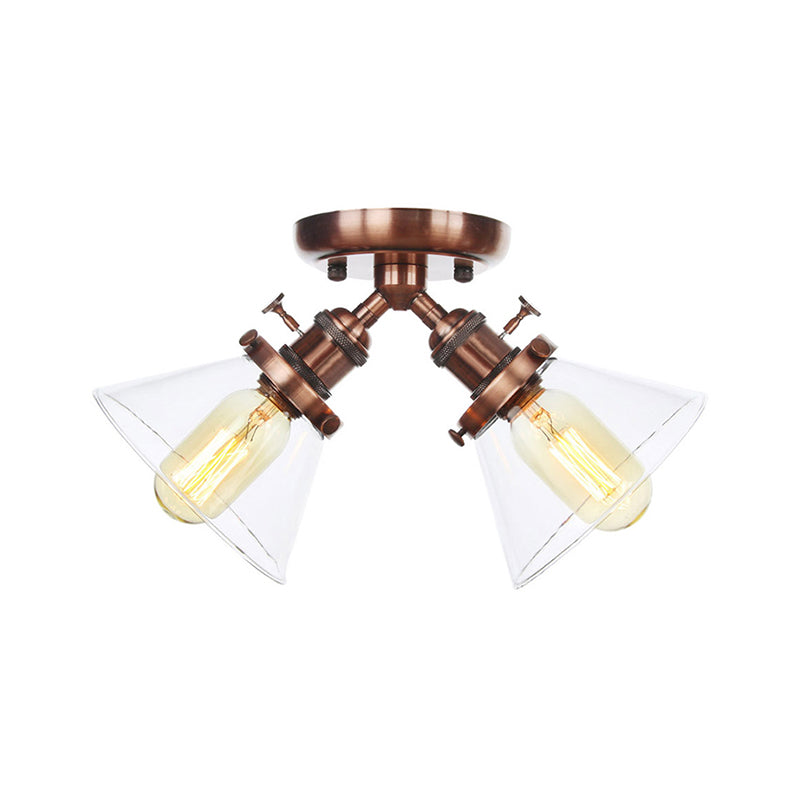 2 Heads Restaurant Ceiling Light Fixture Vintage Style Black/Bronze Semi Flush Mount Light with Conic Amber/Clear Glass Shade Clearhalo 'Ceiling Lights' 'Chandeliers' 'Close To Ceiling Lights' 'Close to ceiling' 'Glass shade' 'Glass' 'Semi-flushmount' Lighting' 256312