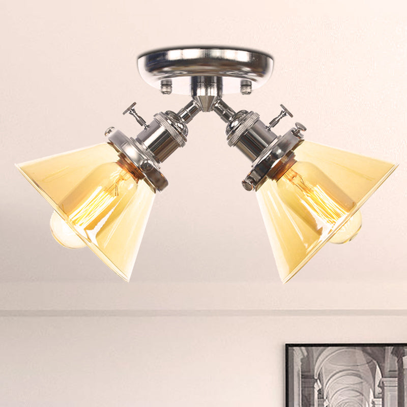 2 Heads Restaurant Ceiling Light Fixture Vintage Style Black/Bronze Semi Flush Mount Light with Conic Amber/Clear Glass Shade Chrome Amber Clearhalo 'Ceiling Lights' 'Chandeliers' 'Close To Ceiling Lights' 'Close to ceiling' 'Glass shade' 'Glass' 'Semi-flushmount' Lighting' 256313