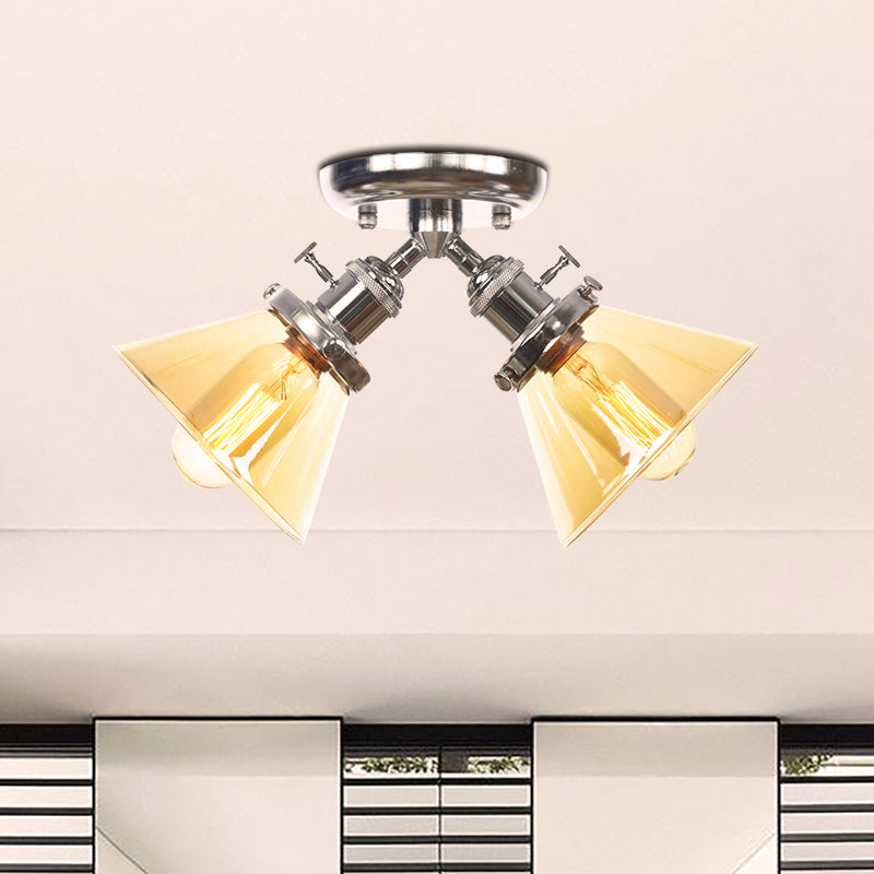 2 Heads Restaurant Ceiling Light Fixture Vintage Style Black/Bronze Semi Flush Mount Light with Conic Amber/Clear Glass Shade Clearhalo 'Ceiling Lights' 'Chandeliers' 'Close To Ceiling Lights' 'Close to ceiling' 'Glass shade' 'Glass' 'Semi-flushmount' Lighting' 256314