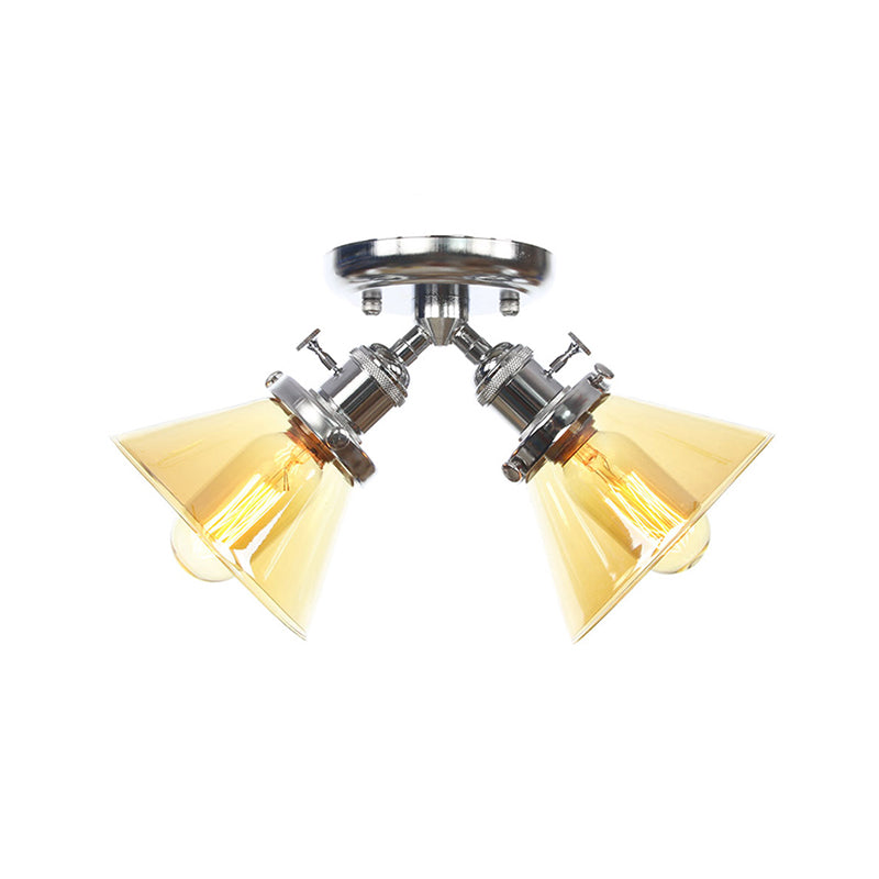 2 Heads Restaurant Ceiling Light Fixture Vintage Style Black/Bronze Semi Flush Mount Light with Conic Amber/Clear Glass Shade Clearhalo 'Ceiling Lights' 'Chandeliers' 'Close To Ceiling Lights' 'Close to ceiling' 'Glass shade' 'Glass' 'Semi-flushmount' Lighting' 256315
