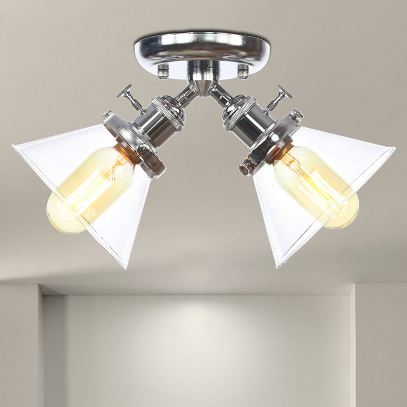 2 Heads Restaurant Ceiling Light Fixture Vintage Style Black/Bronze Semi Flush Mount Light with Conic Amber/Clear Glass Shade Chrome Clear Clearhalo 'Ceiling Lights' 'Chandeliers' 'Close To Ceiling Lights' 'Close to ceiling' 'Glass shade' 'Glass' 'Semi-flushmount' Lighting' 256316
