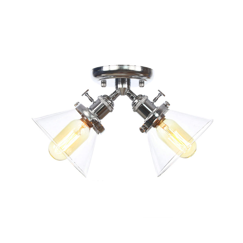 2 Heads Restaurant Ceiling Light Fixture Vintage Style Black/Bronze Semi Flush Mount Light with Conic Amber/Clear Glass Shade Clearhalo 'Ceiling Lights' 'Chandeliers' 'Close To Ceiling Lights' 'Close to ceiling' 'Glass shade' 'Glass' 'Semi-flushmount' Lighting' 256318