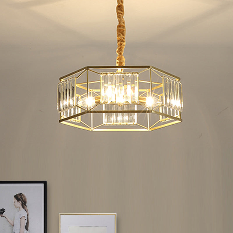 Hexagon Metal Frame Hanging Light Modern Crystal Block 3 Heads Gold Hanging Ceiling Light Clearhalo 'Ceiling Lights' 'Chandeliers' 'Modern Chandeliers' 'Modern' Lighting' 256319