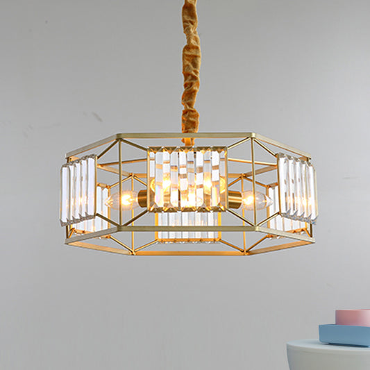 Hexagon Metal Frame Hanging Light Modern Crystal Block 3 Heads Gold Hanging Ceiling Light Gold Clearhalo 'Ceiling Lights' 'Chandeliers' 'Modern Chandeliers' 'Modern' Lighting' 256320