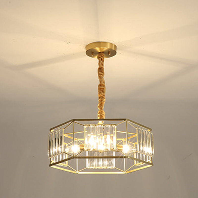 Hexagon Metal Frame Hanging Light Modern Crystal Block 3 Heads Gold Hanging Ceiling Light Clearhalo 'Ceiling Lights' 'Chandeliers' 'Modern Chandeliers' 'Modern' Lighting' 256321