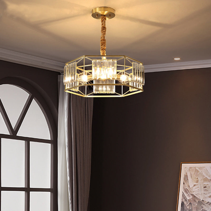 Hexagon Metal Frame Hanging Light Modern Crystal Block 3 Heads Gold Hanging Ceiling Light Clearhalo 'Ceiling Lights' 'Chandeliers' 'Modern Chandeliers' 'Modern' Lighting' 256322