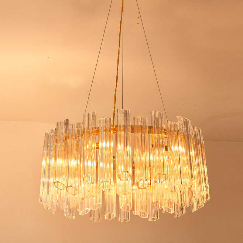 Circular Chandelier Light Modern Ridged Clear Crystal 8 Heads Gold Hanging Light Fixture Gold Clearhalo 'Ceiling Lights' 'Chandeliers' 'Glass shade' 'Glass' 'Modern Chandeliers' 'Modern' Lighting' 256326