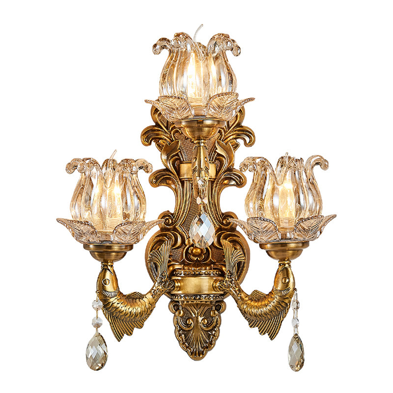 3 Heads Living Room Wall Light Vintage Brass Sconce Light Fixture with Flower Clear Glass Shade Clearhalo 'Wall Lamps & Sconces' 'Wall Lights' Lighting' 256352