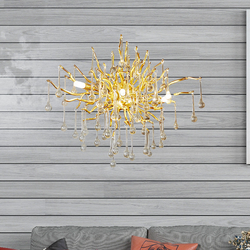 Starburst Wall Mount Light Art Deco Clear/Smoke Gray/Multicolor Waterdrop Crystal 3 Heads Gold Sconce Light Fixture Clearhalo 'Wall Lamps & Sconces' 'Wall Lights' Lighting' 256354