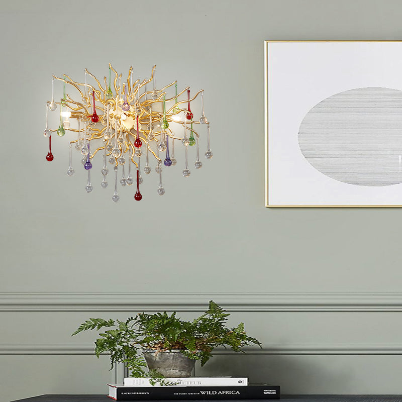 Starburst Wall Mount Light Art Deco Clear/Smoke Gray/Multicolor Waterdrop Crystal 3 Heads Gold Sconce Light Fixture Clearhalo 'Wall Lamps & Sconces' 'Wall Lights' Lighting' 256359