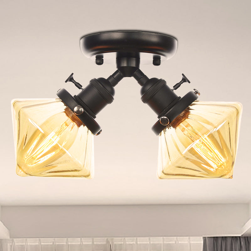 Diamond Amber/Clear Glass Semi Mount Lighting Farmhouse 2 Lights Black/Bronze Semi Flush Light Fixture for Restaurant Clearhalo 'Ceiling Lights' 'Close To Ceiling Lights' 'Close to ceiling' 'Semi-flushmount' Lighting' 256369