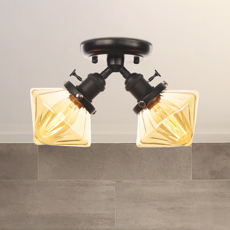 Diamond Amber/Clear Glass Semi Mount Lighting Farmhouse 2 Lights Black/Bronze Semi Flush Light Fixture for Restaurant Black Amber Clearhalo 'Ceiling Lights' 'Close To Ceiling Lights' 'Close to ceiling' 'Semi-flushmount' Lighting' 256370