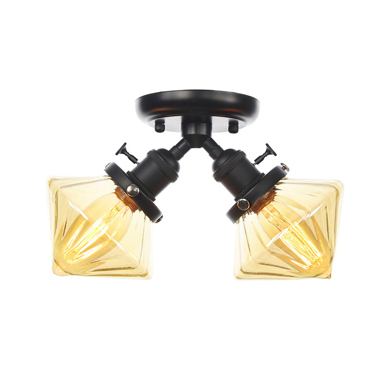 Diamond Amber/Clear Glass Semi Mount Lighting Farmhouse 2 Lights Black/Bronze Semi Flush Light Fixture for Restaurant Clearhalo 'Ceiling Lights' 'Close To Ceiling Lights' 'Close to ceiling' 'Semi-flushmount' Lighting' 256371