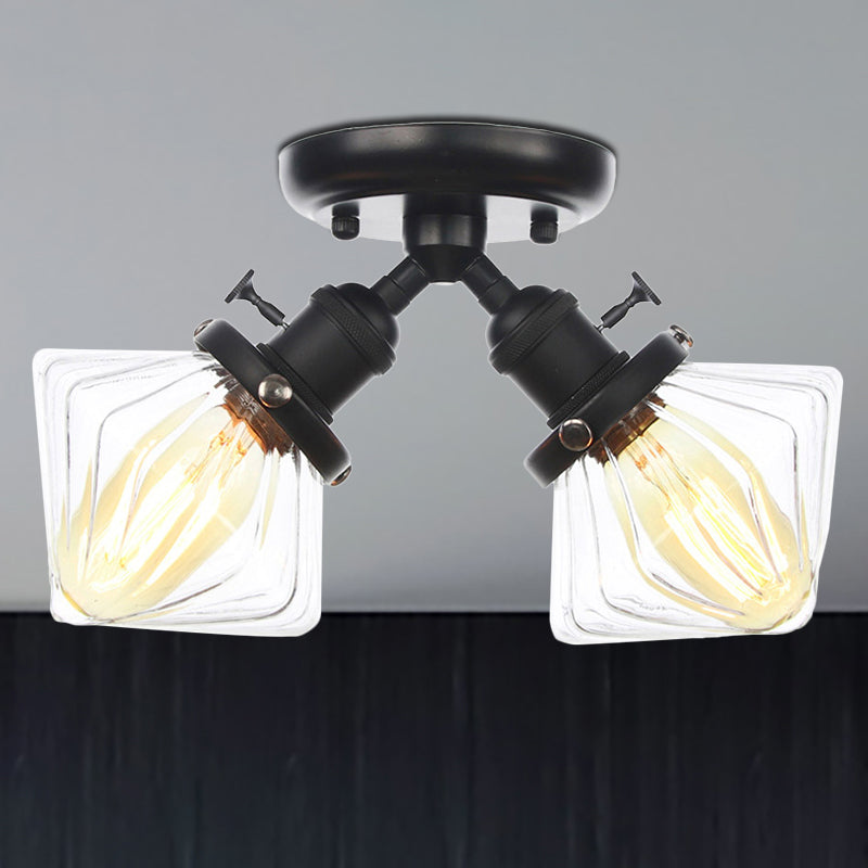 Diamond Amber/Clear Glass Semi Mount Lighting Farmhouse 2 Lights Black/Bronze Semi Flush Light Fixture for Restaurant Black Clear Clearhalo 'Ceiling Lights' 'Close To Ceiling Lights' 'Close to ceiling' 'Semi-flushmount' Lighting' 256372