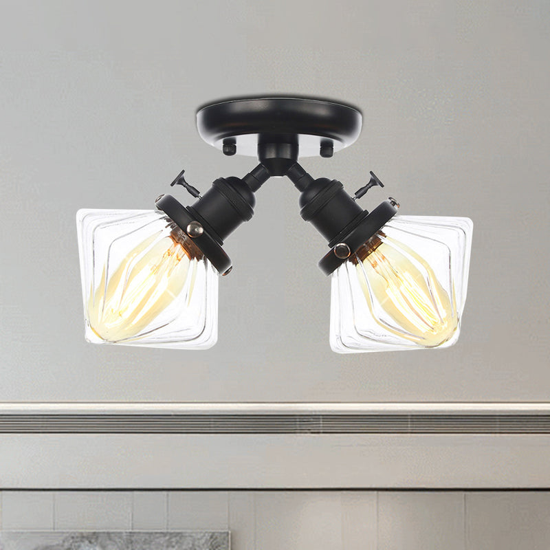 Diamond Amber/Clear Glass Semi Mount Lighting Farmhouse 2 Lights Black/Bronze Semi Flush Light Fixture for Restaurant Clearhalo 'Ceiling Lights' 'Close To Ceiling Lights' 'Close to ceiling' 'Semi-flushmount' Lighting' 256373