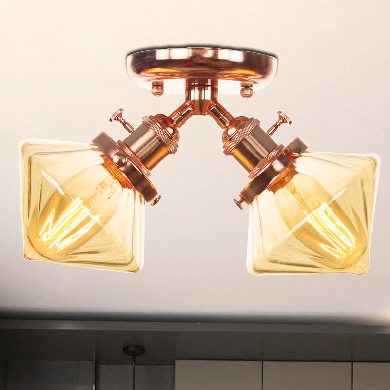 Diamond Amber/Clear Glass Semi Mount Lighting Farmhouse 2 Lights Black/Bronze Semi Flush Light Fixture for Restaurant Rose Gold Amber Clearhalo 'Ceiling Lights' 'Close To Ceiling Lights' 'Close to ceiling' 'Semi-flushmount' Lighting' 256375