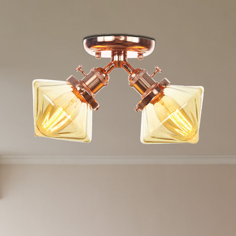 Diamond Amber/Clear Glass Semi Mount Lighting Farmhouse 2 Lights Black/Bronze Semi Flush Light Fixture for Restaurant Clearhalo 'Ceiling Lights' 'Close To Ceiling Lights' 'Close to ceiling' 'Semi-flushmount' Lighting' 256376