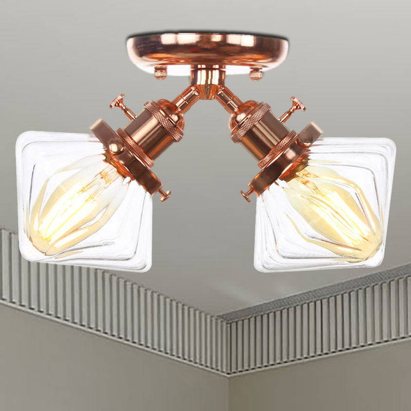 Diamond Amber/Clear Glass Semi Mount Lighting Farmhouse 2 Lights Black/Bronze Semi Flush Light Fixture for Restaurant Rose Gold Clear Clearhalo 'Ceiling Lights' 'Close To Ceiling Lights' 'Close to ceiling' 'Semi-flushmount' Lighting' 256378